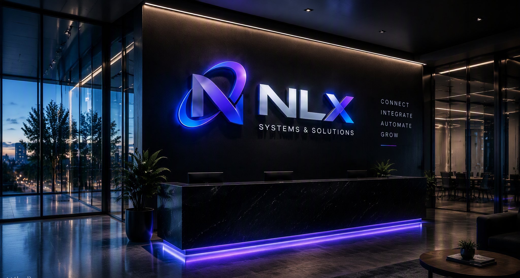 NLX reception with illuminated NLX logo wall in blue and violet