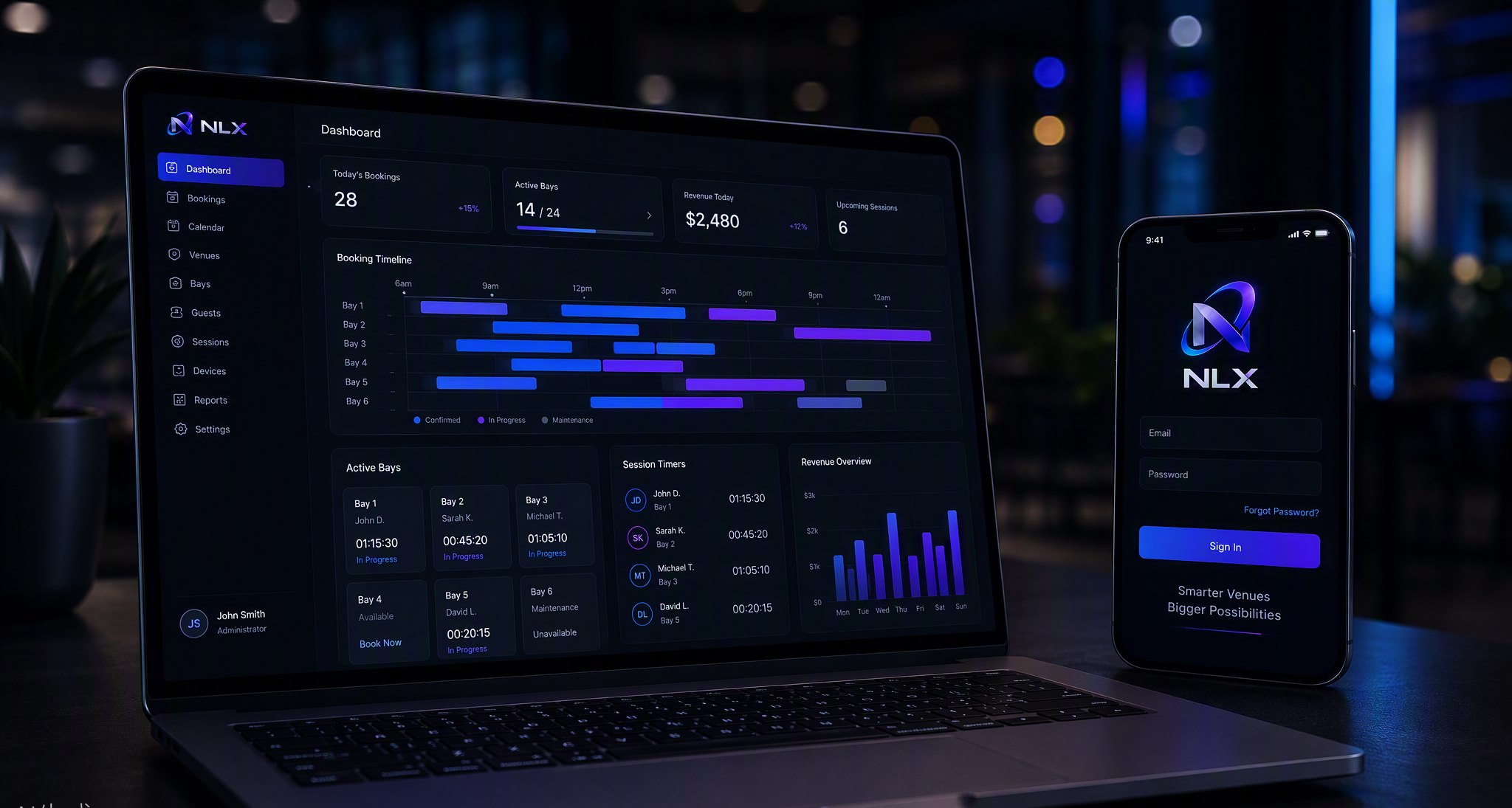 NLX VenueOS management dashboard on a laptop beside a guest login screen on a phone
